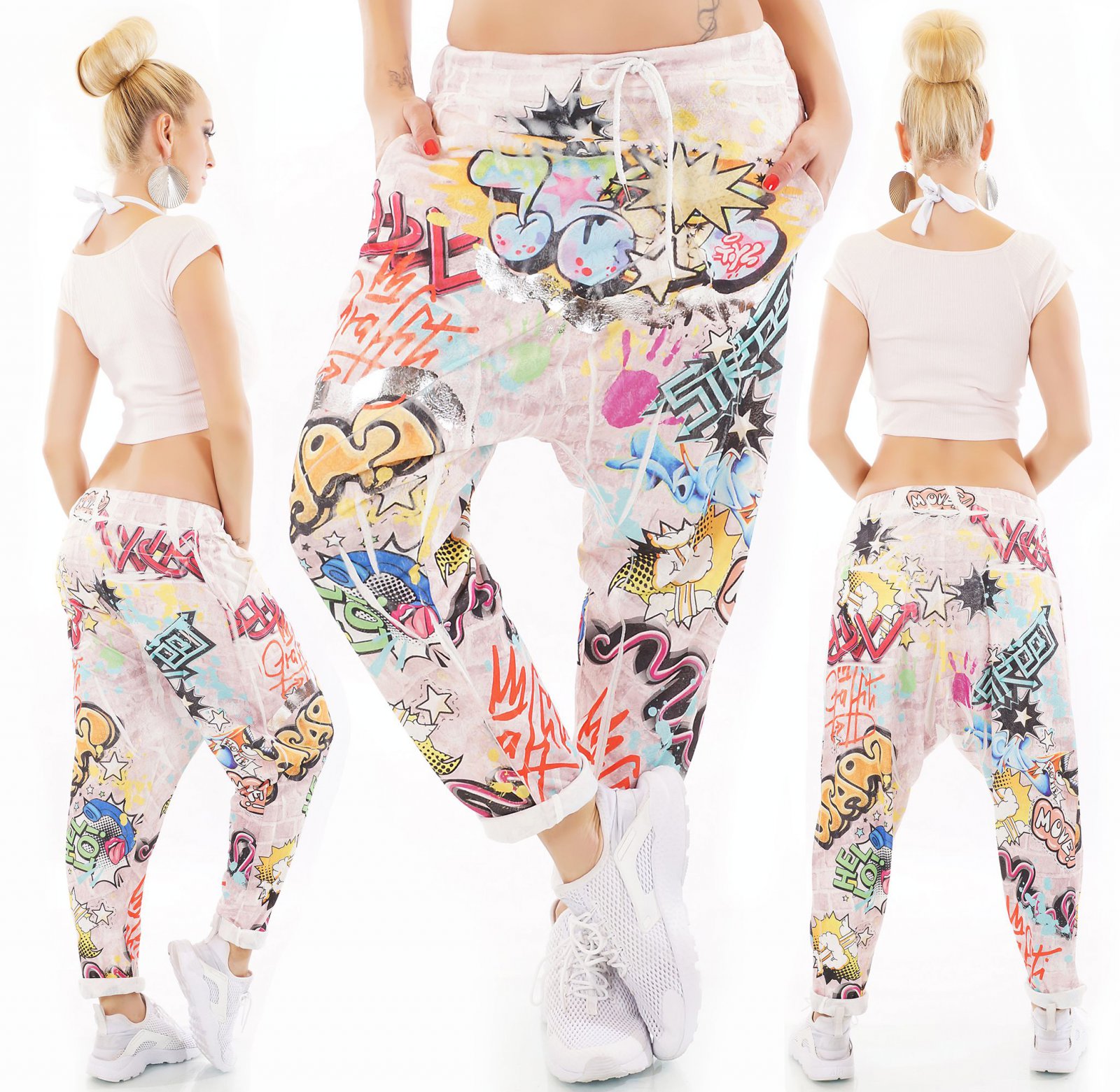 Italy Damen Hose Haremshose Jogpants Baggy Boyfriend Harem Graffiti