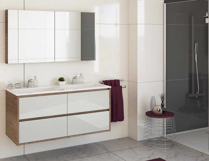 Badmöbel Set "CRISTAL 120 cm" BADEZIMMER MIT DOPPELWASCHBECKEN EICHE/GRAU