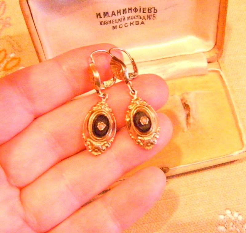 Antik Biedermeier 1850 Gold 333/8 kt Onyx Perlen Ohrringe Antique Gold