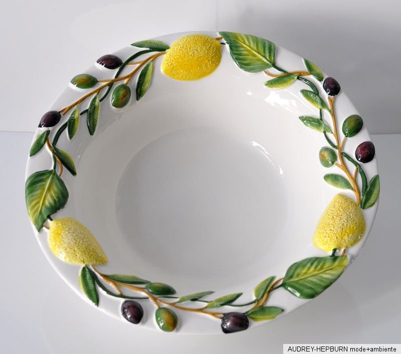 BASSANO KERAMIK Schüssel 34 cm ZITRONE OLIVEN Relief MEDITERRANES
