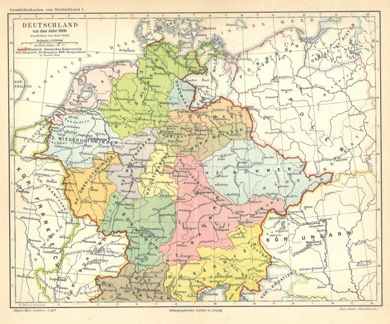 Alte Landkarte 1890: Deutschland um d. J. 1000 Römisch-Deutsches