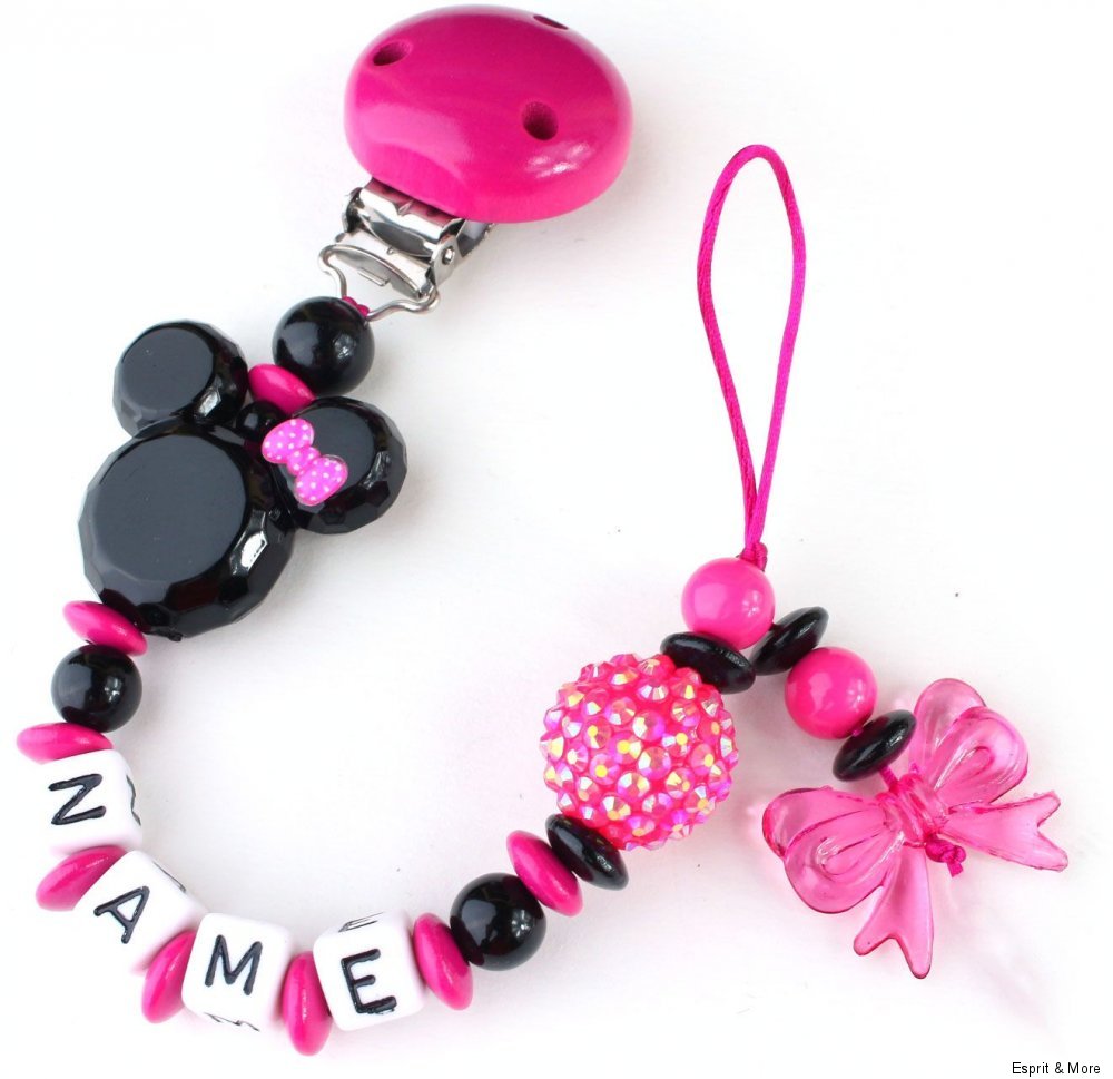 Schnullerkette mit Namen ♥ Minnie Schleife Maus Baby Mädchen • rosa Herz Nucki