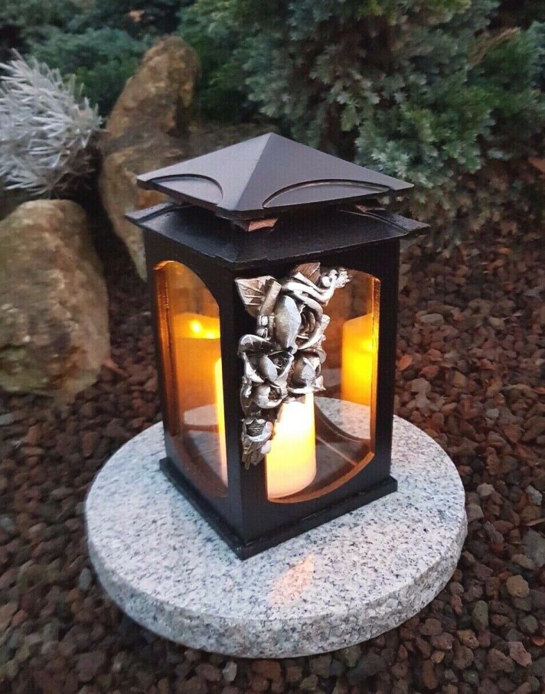 LED Kerze+Granit Sockel Grablampe Lampe Grableuchte Grablicht Rose Grablaterne