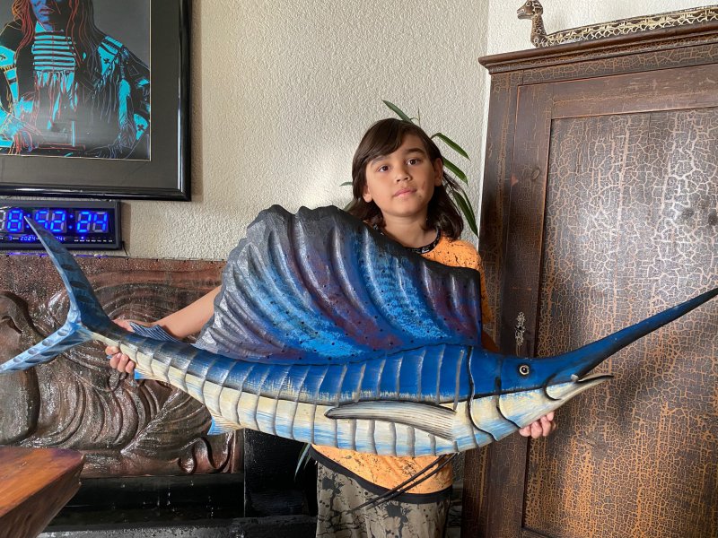 Schwertfisch Albesia Holz Dekoration Statue Skulptur Swordfish Wood 155