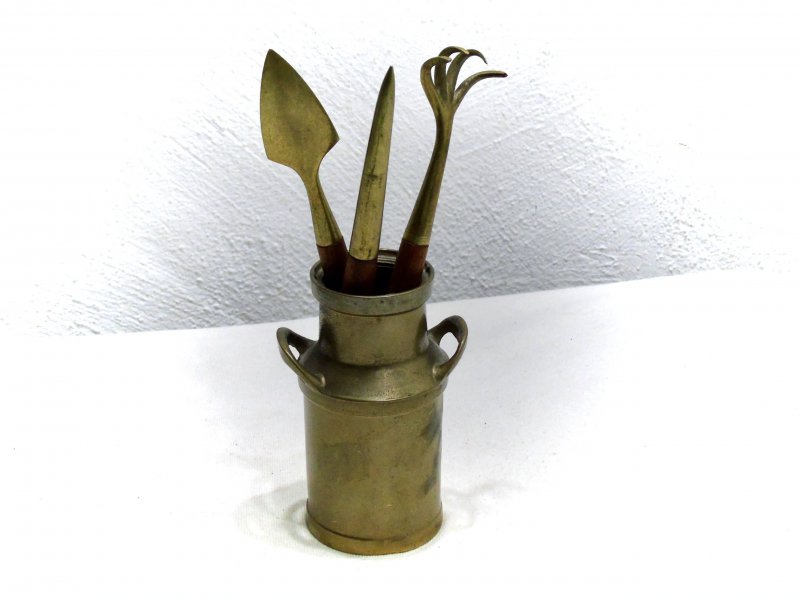 Bonsai Werkzeug besteck Messing TeakHolz Harke Spaten Dorn Kanne