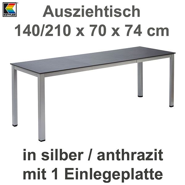 Kettler Ausziehtisch 140/210 x 70 cm Balkontisch Gartentisch in silber