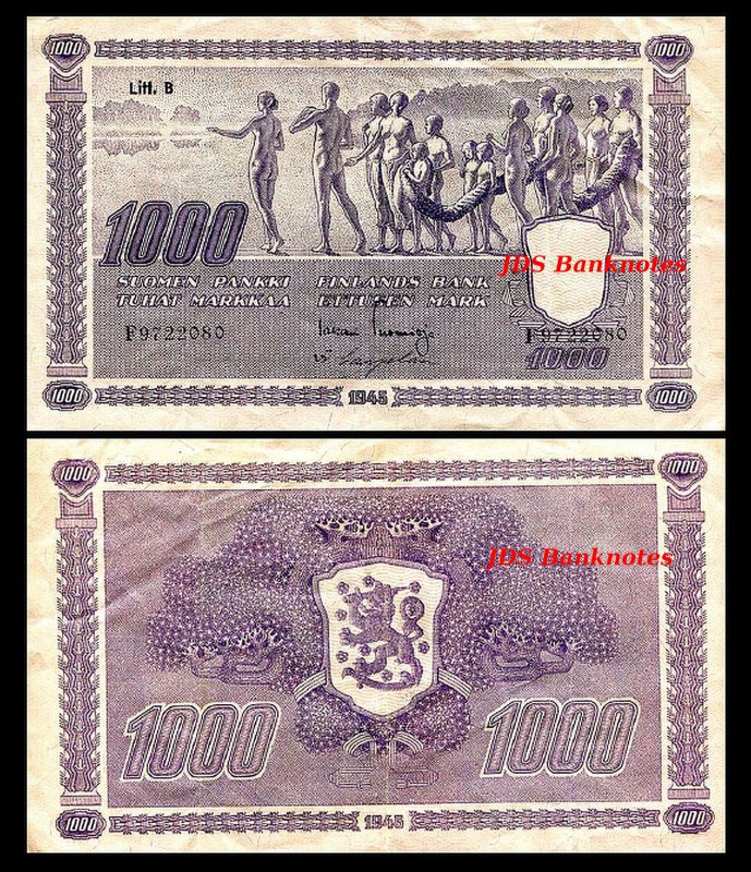 14 Banknotes 2x 5-1.000 Finnish Markka B Issue 1945 Litt 11
