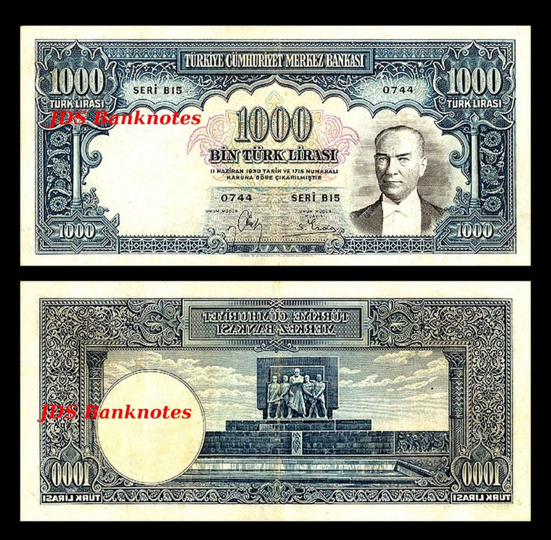 1942-1947 İnönü 3 Turkey 08 2x 2.5-1000 Lira Issue 14 Banknotes