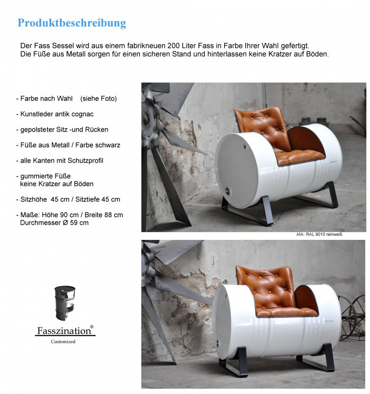 Sessel aus 200 Liter Fass Oelfass - Farbe nach Wahl - Kunstleder