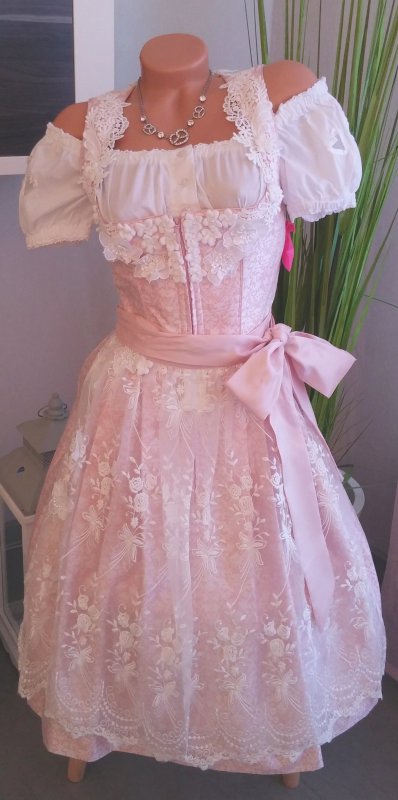 Krüger Madl Dirndl Midi 2tlg 32 36 44 rosa weiß mit Spitze Trachten Caro Gr