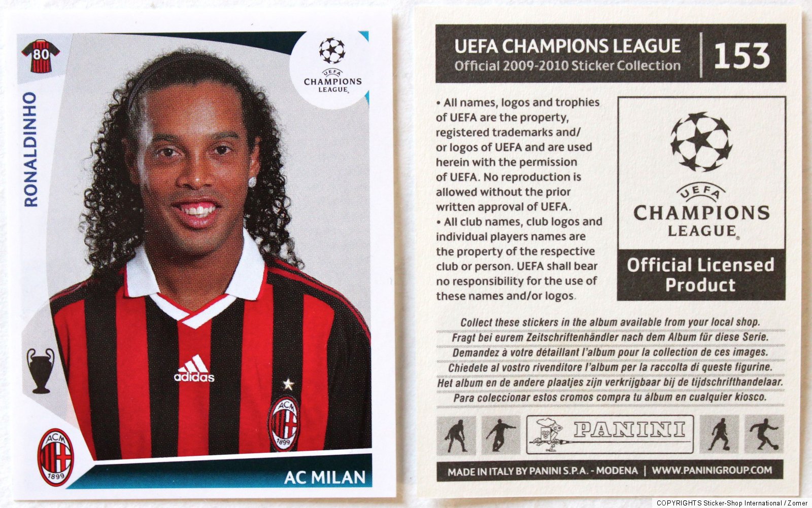 PANINI Soccer Sticker Card RONALDINHO No 153 Champions League 2009 