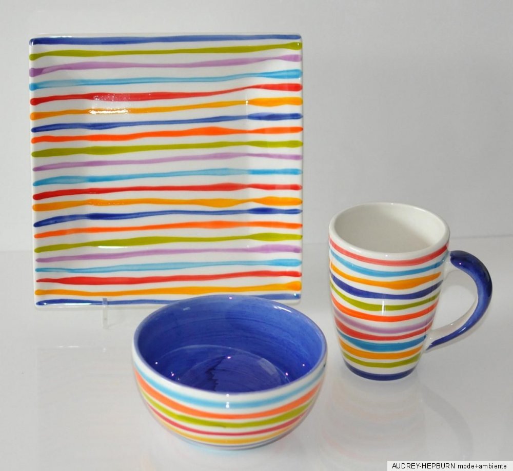 BASSANO KERAMIK FrühstücksSet 3tlg BUNTE LINIEN Blau MEDITERRANES