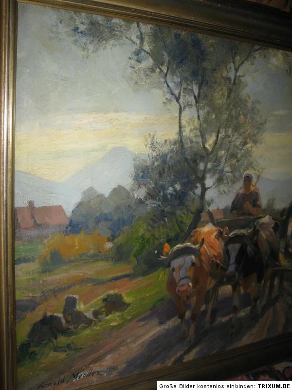 MOELLER Arnold, *1886 Mädchen auf Ochsenkarren vor Dorf  