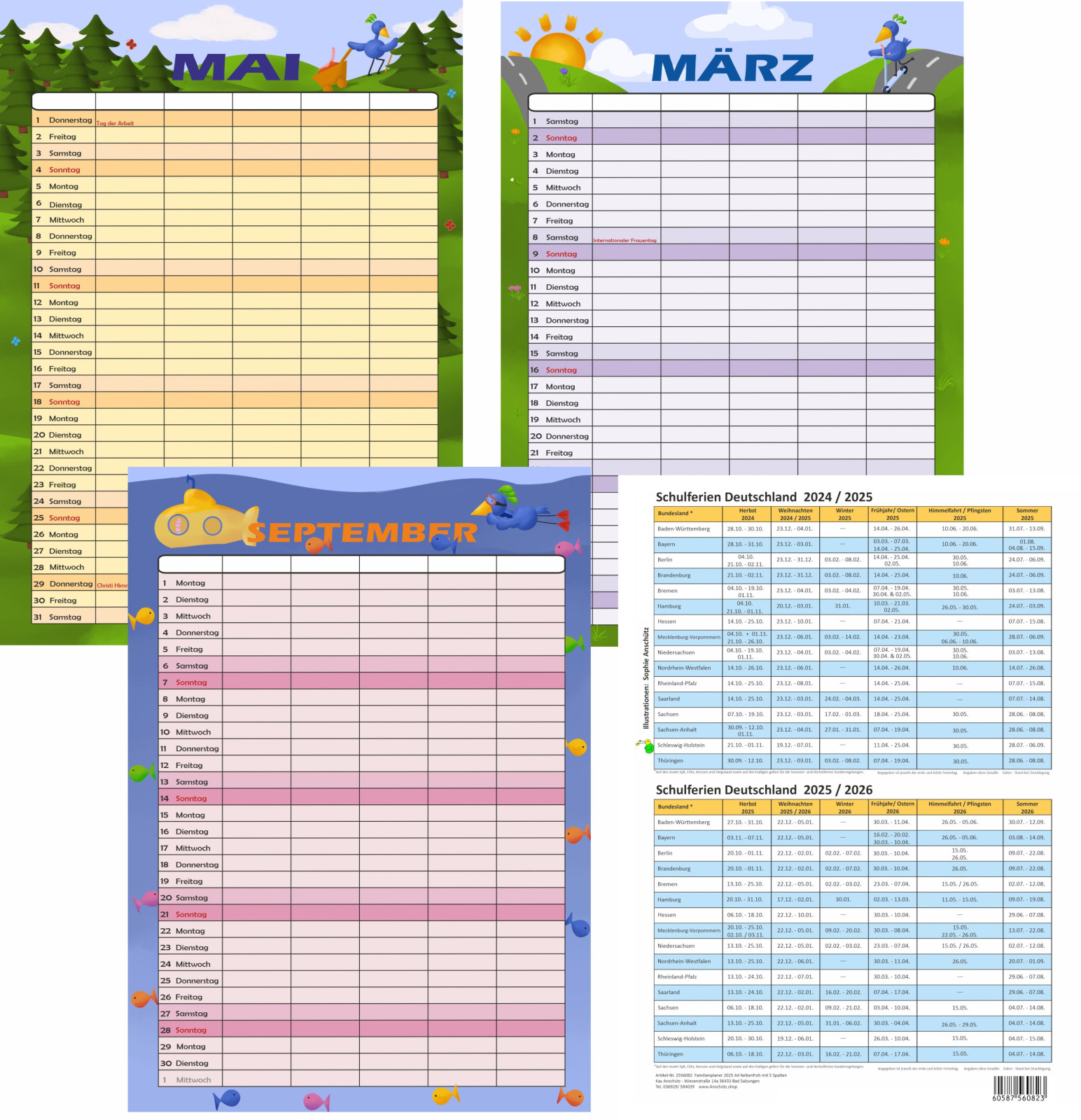 Sparset Familienplaner 2026 + 2025 - 5 Spalten A4